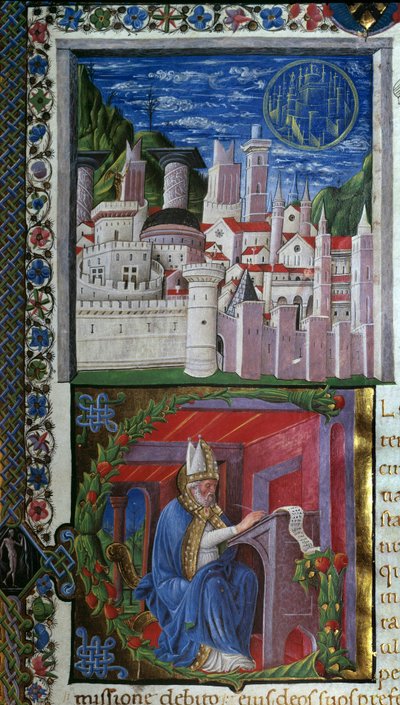 Szent Ágoston íróminiatűrje Nicolo Polanitól Hippói Szent Ágoston (354-430) „De civitate dei” (Isten városa) című könyvéből. 1459. Párizs, Bibliotheque sainte Genevieve alkotó: Nicolo Polani