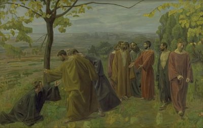 Az útszéli vak ember könyörög Jézusnak, hogy mutasson irgalmat alkotó: Niels Larsen Stevns