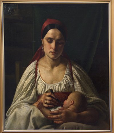 Orosz parasztasszony tehén szarvával eteti a babáját. (Orosz parasztasszony, aki tehénszarvából táplálja kisbabáját). Nikifor Sztyepanovics Krilov (Krilov) (1802-1831) festménye, olaj, vászon alkotó: Nikifor Stepanovich Krylov