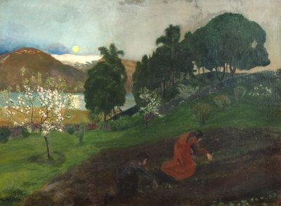 Tavaszi éjszaka a kertben (Éjszakai munka a kertben) alkotó: Nikolai Astrup