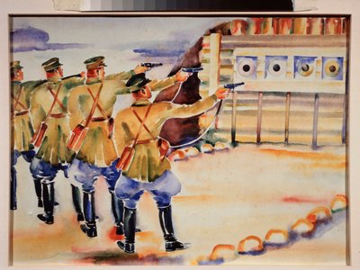 A lövészet gyakorlóhelye (Katonák edznek céltáblákon) - Célgyakorló hely - Nyikolaj Dmitrijevics Prohorov (1896-1942) munkája, akvarell, papír, 1930 körül - Orosz művészet, XX. század, szovjet művészet - Regional Art Mu alkotó: Nikolai Dmitrievich Prokhorov