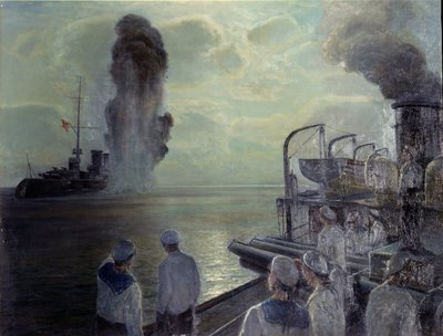 1917. évi orosz forradalom: Az orosz Fekete-tengeri Flotta elsüllyeszti saját hajóit 1918. június 18-án. (A Fekete-tengeri Flotta önelsüllyedése 1918. június 18-án). Nyikolaj Eviampievich Bublikov (1871-1942) festménye, olaj, vászon alkotó: Nikolai Evlampievich Bublikov