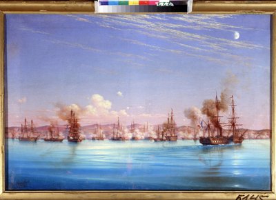 Sebastopol bombázása a francia-brit század 1854-ben. (Szevasztopol bombázása a brit francia osztagtól 1854-ben). A város ostromának epizódja 1854-től 1855-ig, az oszmán birodalmak koalíciója közötti krími háború idején, f alkotó: Nikolai Pavlovich Krasovsky