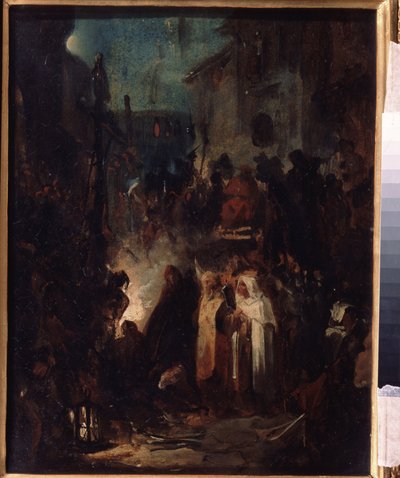 Autodafe (Autodafe). Utcai jelenet, éjszaka az inkvizíciós bíróság ítélete után a tömeg és az egyháziak a tűz köré gyűlnek. Nyikolaj Petrovics Lomtev (1816-1859) munkája, olaj, karton. orosz művészet alkotó: Nikolai Petrovich Lomtev
