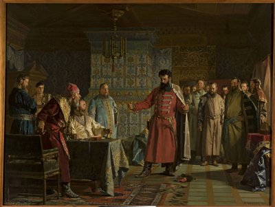 Zaharij Petrovics Ljapunov († 1612) veszekedése Vaszilij Csujszkij cárral (1552-1612) a Kremlben, Nyikolaj Vasziljevics (1830-1904) által. Olajfestmény alkotó: Nikolai Vasilievich Nevrev