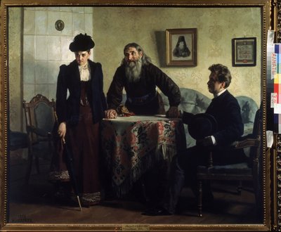 A Remonstrance (An Admonition). Egy házassági válságban lévő házaspár meglátogat egy ortodox papot, és erkölcsi leckét kap. Nyikolaj Vasziljevics Nevrev (1830-1904) festménye, olaj, vászon alkotó: Nikolai Vasilievich Nevrev