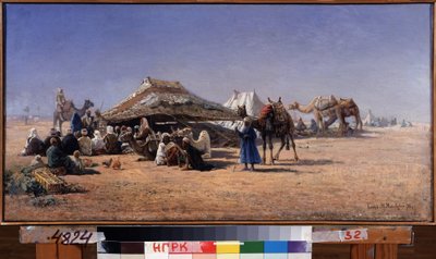 Kairó (Egyiptom) (Kairó). Tábori jelenet egy karavánról a sivatagban, a háttérben a város. Nyikolaj Jegorovics Makovszkij (1842-1886) festménye, olaj, vászon alkotó: Nikolai Yegorovich Makovsky