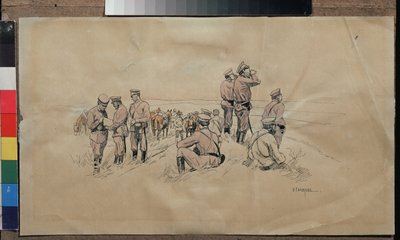 A lovassági egység többi része. Nyikolaj Szemjonovics Szamokis (1860-1944) munkája, akvarell és tus papíron, 1915 körül. Orosz művészet, XX. század. Állami Egyesült Művészeti Múzeum, Kostroma (orosz). alkotó: Nikolaj Semenovic Samokis