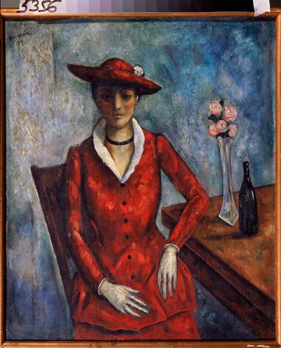 Egy nő pirosban – Nyikolaj Vlagyimirovics Szinezubov (Nicolas Sinezuboff) (1891-1956) festménye, olaj, vászon alkotó: Nikolay Vladimirovic Sinezubov