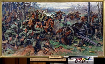 Az orosz lovasság a német tüzérség ellen 1915-ben (Az orosz lovasság a német tüzérség ellen 1915-ben). Nyikolaj Jakovlevics Boriszov (1873-1942) festménye. Olaj, vászon, 75 x 142 cm, XX. század eleji orosz művészet. Állami Központi Tüzérség alkotó: Nikolay Yakovlevich Borisov
