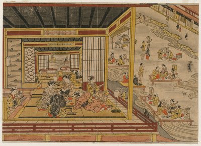 Teaház a Kamo folyó mellett Kiotóban, 1740-es évek. alkotó: Nishimura Shigenaga