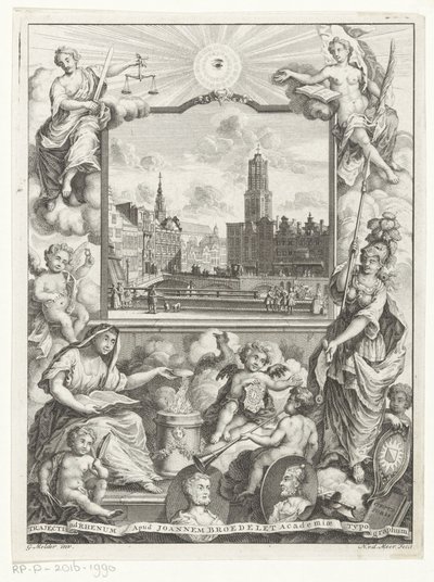 Stadsgezicht met Domkerk te Utrecht en allegorie met Utrechtse stedenmaagd Titelpagina voor: Elias de Vries, Dissertatio juridica, de jure naturale ac gentium, seu duobus prioribus juris fontibus, 1745. alkotó: Noach van der Meer (I)