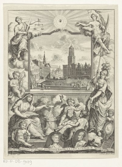 Stadsgezicht met Domkerk te Utrecht en allegorie met Utrechtse stedenmaagd Titelpagina voor: Elias de Vries, Dissertatio juridica, de jure naturale ac gentium, seu duobus prioribus juris fontibus, 1745. alkotó: Noach van der Meer (I)