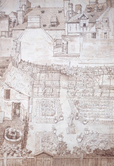 Egy városi ház kertje parterrel és szőlőlugassal, épületekkel körülvéve, 1677 körül (toll és barna tinta barna mosással) alkotó: Noel Gasselin