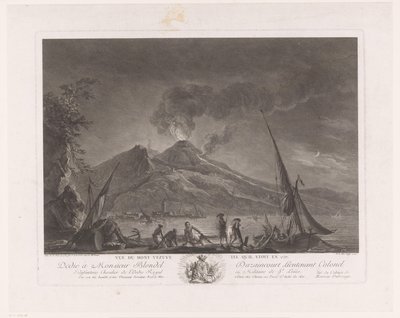 Táj halászokkal és az aktív Vezúv-szal Vue du mont Vesuve tel quil etoit en 1757 (cím a tárgyon) alkotó: Noël Le Mire