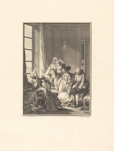 Julie elájul egy karosszékben alkotó: Noël Le Mire after Jean Michel Moreau