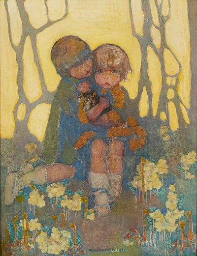 Nővérek egy cicával (olaj, vászon) alkotó: Norah Neilsen Gray