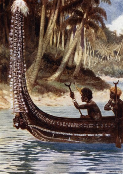 Egy kenu a "Totoishu"-val, New Georgia, Salamon-szigetek (színes litho) alkotó: Norman Hardy