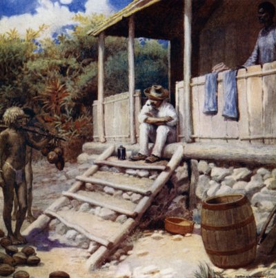 Egy kereskedő kakaódiót, Aobát, Új-Hebrideket kap (színes litho) alkotó: Norman Hardy