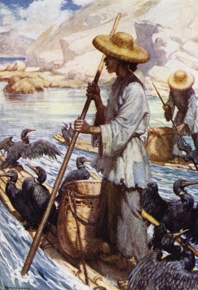Kína: Horgászat kormoránokkal (színes litho) alkotó: Norman Hardy