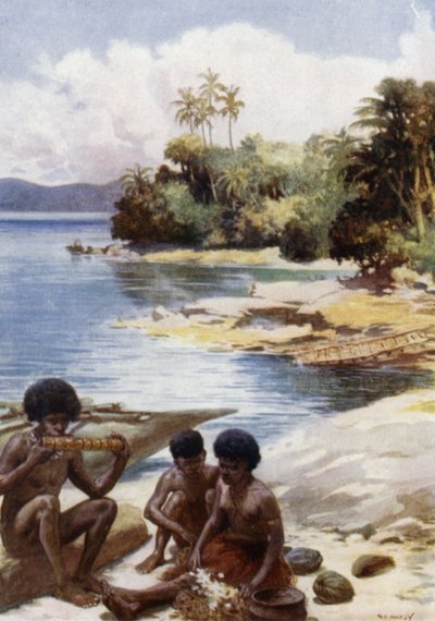 Vacsoraidő a Kwatoban, Brit Új-Guineában (színes litho) alkotó: Norman Hardy