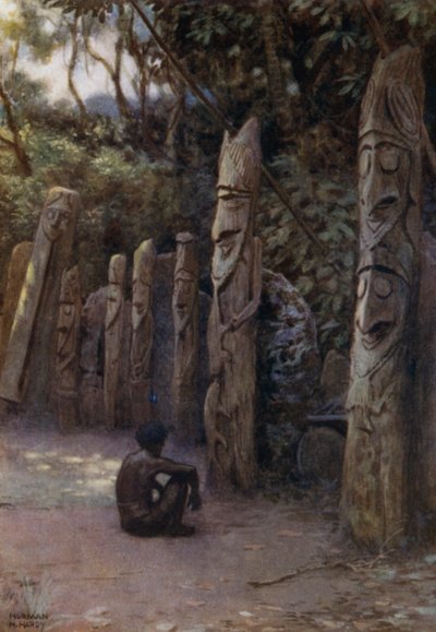A Stone "Demits" vagy a lelkek, a hozzájuk tartozó fafigurákkal, Malekula-sziget, Új-Hebridák (színes litho) alkotó: Norman Hardy