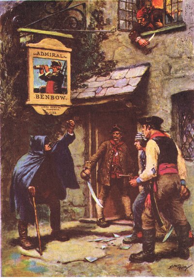 Egy férfi kihajolt a holdfényben, a Treasure Islandről, a MacDonald 1947 kiadásában (színes litó) alkotó: Norman Mills Price