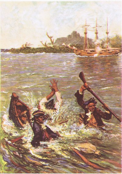A csónak a tat mellett süllyedt el három lábnyi vízben, a Treasure Islandről, a MacDonald 1947 kiadásában (színes litho) alkotó: Norman Mills Price