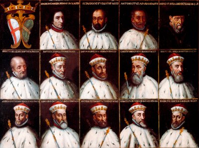 A Gének Köztársaságának címere és a dózsák portréi – Simone Boccanegra, Ottaviano Fregoso és Antoniotto II Adorno; Andrea Doria. Szereplők: Oberto Cattaneo Lazzari, Battista Spinola, Battista Lomellini, Cristoforo Grilaldi Rosso, Giovanni Battista Doria alkotó: Northern Italian School