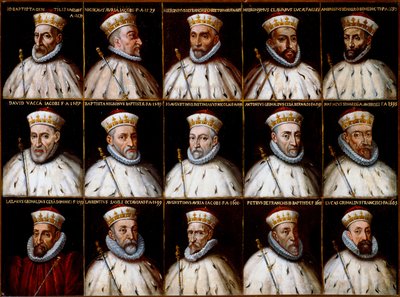 A Gének Köztársaságának címere és a dózsák portréi. Gio. Battista Gentile Pignolo, Nicolò Doria, Gerolamo De Franchi Toso, Gerolamo Chiavari, Ambrogio Di Negro, Davide Vacca (vagy Vaccari), Battista Negrone, Gio Giustiniani Campi, Antonio Grimal alkotó: Northern Italian School