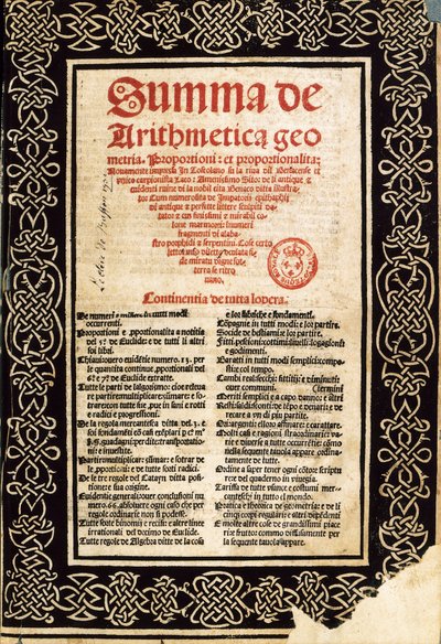 "Összefoglaló aritmetika", Luca Pacioli alkotó: Northern Italian School