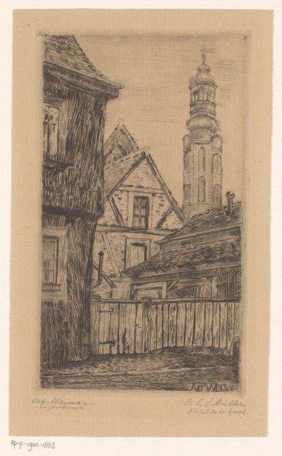 Városkép a weimari toronnyal Alt Weimar (cím az objektumon) alkotó: Octavia Cornelia Suzanna Hofstede de Groot (signed by artist)