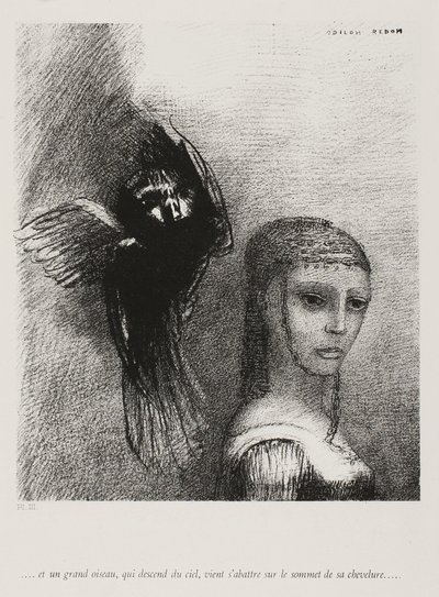 És egy nagy madár, ereszkedik le az égből, haja legfelső pontjához dől, 1888. 10. 3. tábla alkotó: Odilon Redon