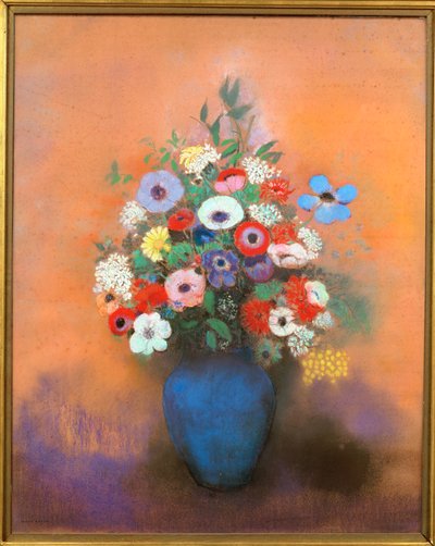 Anemone és lila virágok kék vázában alkotó: Odilon Redon