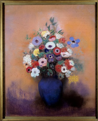 Kökörcsin és orgona kék vázában, Odilon Redon (1840-1916) alkotó: Odilon Redon