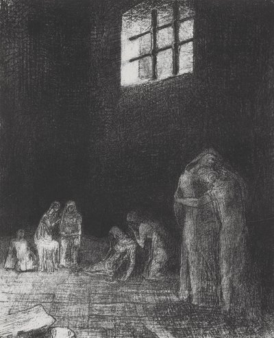 Az árnyékban emberek sírnak és imádkoznak... alkotó: Odilon Redon