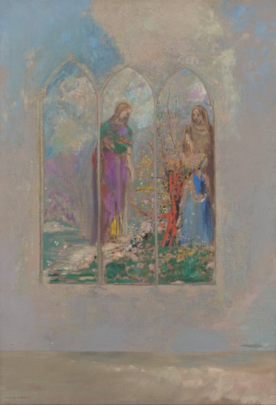 Áhítat egy piros bokor közelében alkotó: Odilon Redon