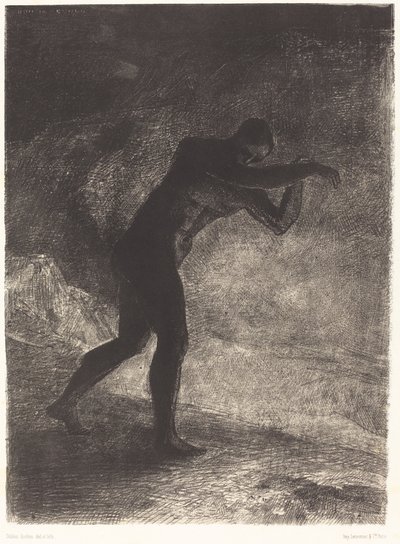 És megjelent az Ember; megkérdőjelezve a Földet, ahonnan kijött, és ami vonzza őt, elindult a komor fényesség felé.) alkotó: Odilon Redon