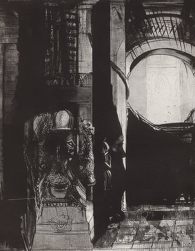 És mindenhol bazaltoszlopok vannak,? Fény hullik a boltívekből, Blatt 3 der Folge La Tentation de Saint-Antoine. 1896 alkotó: Odilon Redon