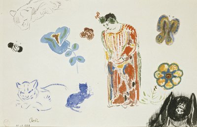 Tanulmánylap: nő, virágok és állatok alkotó: Odilon Redon