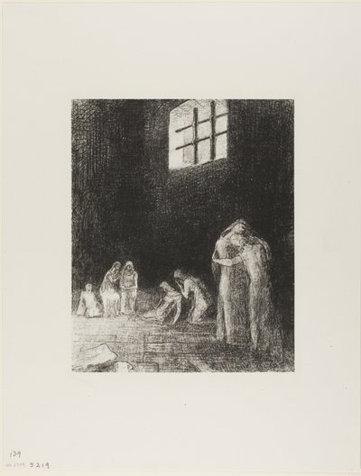 Az árnyékban emberek vannak, sírnak és imádkoznak, körülvéve másokkal, akik buzdítják őket, 6/24. tábla alkotó: Odilon Redon