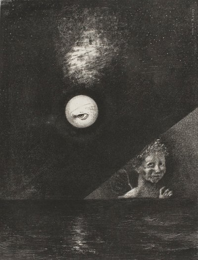 A horizonton a bizonyosság angyala, és a komor égben egy kérdő tekintet, negyedik lemez a To Edgar Poe című kötetből. alkotó: Odilon Redon