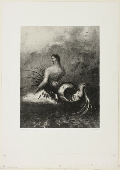 Sziréna kijön a hullámokból, lángokba öltözve, 4/8. tábla a "Les Origines"-től alkotó: Odilon Redon