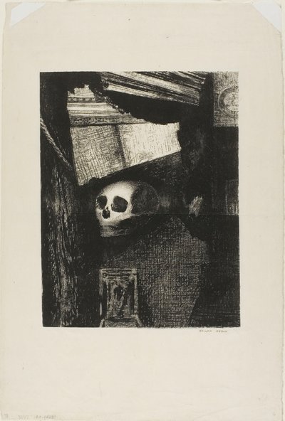 A falon lévő nyíláson keresztül egy koponya jelent meg, 1. tábla Edmond Picard Le Jure című művéből. alkotó: Odilon Redon