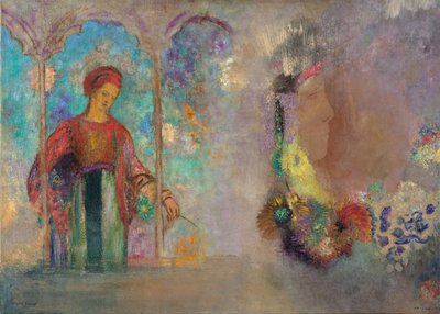 Nő egy gótikus játékteremben - Nő virágokkal - Peinture de Odilon Redon (1840-1916) alkotó: Odilon Redon