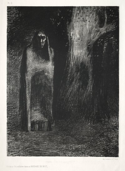 Az éjszaka: Az ember egyedül volt éjszakai tájon, 1886. alkotó: Odilon Redon Lemercier and Cie.