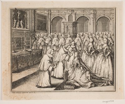 Hersleb püspök felkeni Lujza királynőt a Frederiksborg-palotatemplomban. Illusztráció IV. Frederik kenetének aktusához alkotó: Odvardt Helmoldt de Lode
