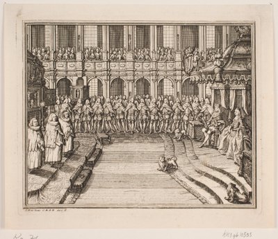 V. Frigyes király és Lujza királyné a felkenési szertartás során a Frederiksborg palotatemplomban. Illusztráció IV. Frederik kenetének aktusához alkotó: Odvardt Helmoldt de Lode
