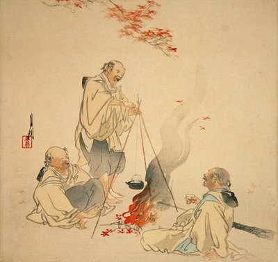 Sake ivás a juharfa alatt, 1890-es és 1900-as évek (színes fatömbnyomat) alkotó: Ogata Gekko