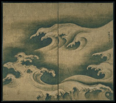 Rough Waves, két paneles összecsukható képernyő, 1704-9 körül (tinta, színes és aranylevél papíron) alkotó: Ogata Korin
